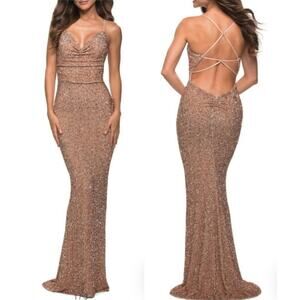 La Femme Women's Drape Neck Sequin Long Gown Low Cut Strappy Back in Rose Gold